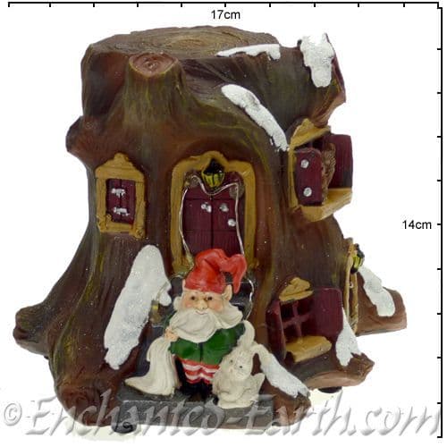 The Christmas Garden - Light up - LED Gnome Home - Tree House with Gnome & Bunny- 14cm tall.