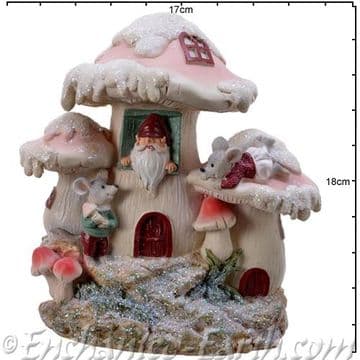 The Woodland Winter Gnome & Pals - Pink Christmas Mushroom Gnome Home Bank - 18cm