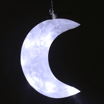 Trade pack of 10 Hanging frosted white glass moon, with LED lights