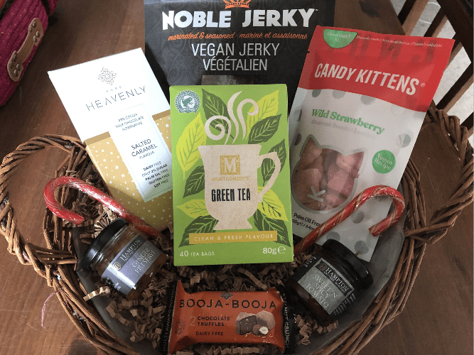 Vegan Gift Basket Vegan chocolate & Treats Natural Willow basket.