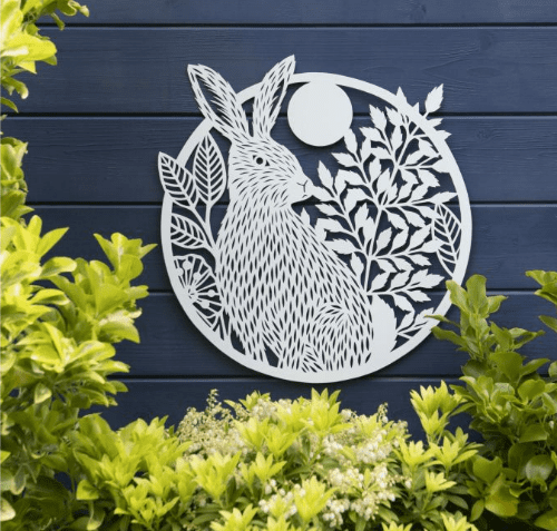 White Metal Wall Art - Pagan Hare & Moon - 40cm.
