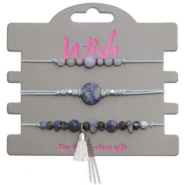 Wish - Triple Bracelet Set - Blue Gem Stones - set of 3