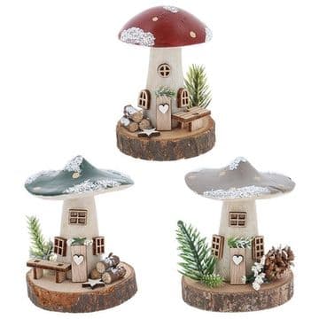 Wooden Folk Art Festive/Winter Mushroom Cottage