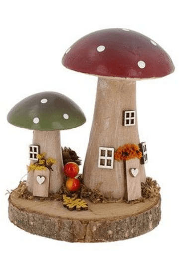 Wooden Folk Art Mushroom Cottage - Red & Green Double Cottage