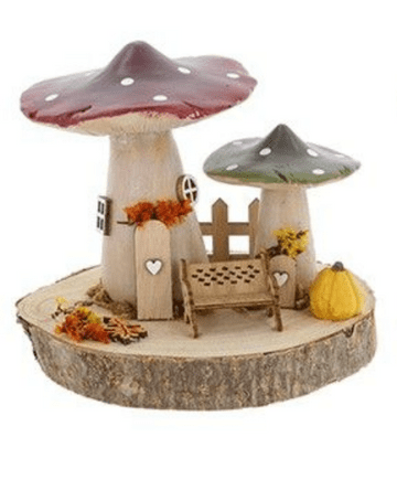 Wooden Folk Art Mushroom Cottage - Red & Green Double Cottage with Bench