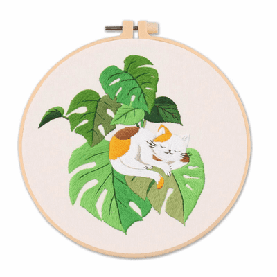Sleepy Leaf Cat Embroidery Kit