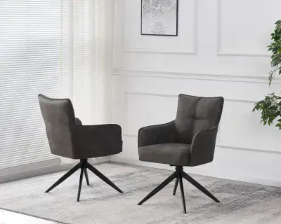Mondina - Vintage Grey Suede Dining Chair - Black Metal Legs