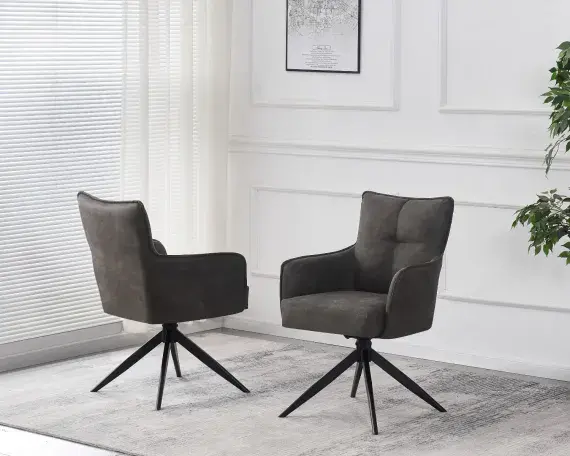 Mondina - Vintage Grey Suede Dining Chair - Black Metal Legs