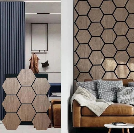 Pack of 4 Solid Wood Veneer Hexagon Acoustic  Wall Panels