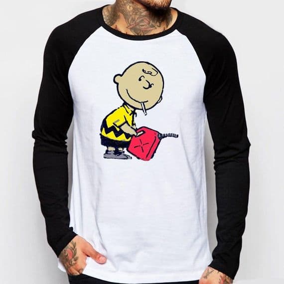 Banksy Charlie Brown smoking with petrol funny baseball t-shirt FN9163