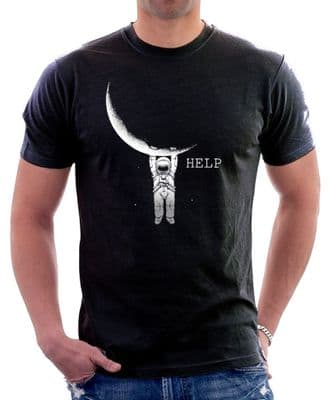 Spaceman Man on the Moon Space NASA rocket funny help black cotton t-shirt 9787
