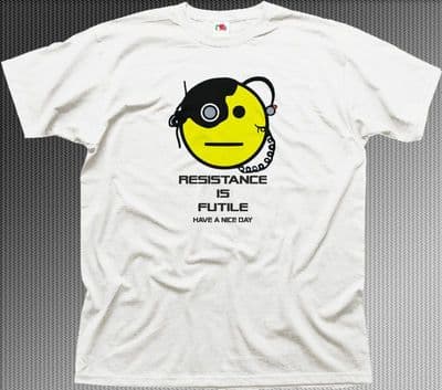 STAR TREK FUNNY 'BORG' SMILEY FACE acid retro white cotton t-shirt 01457