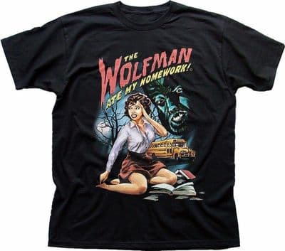 The Wolfman ate my homework Werewolf funny B movie black cotton t-shirt FN9328 (1)