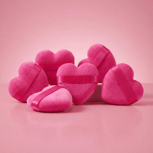 10x Super Soft Hot Pink Heart Shaped Velvet Powder Puffs for Precise Makeup Application