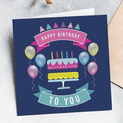 Happy Birthday Cake And Balloons Card Blue
