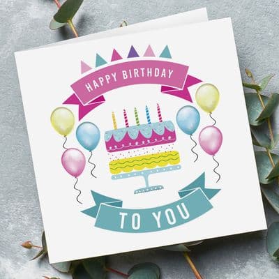 Happy Birthday Cake And Balloons Card White