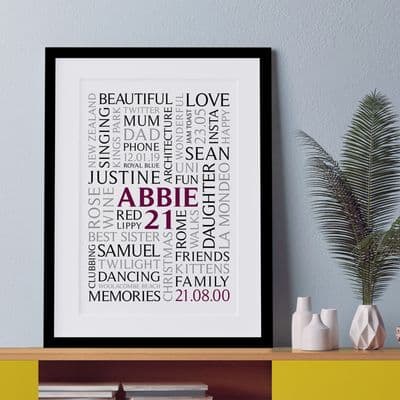 Personalised 21st Birthday Word Art Portrait Print