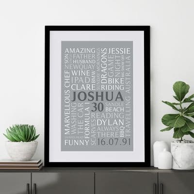 Personalised 30th Birthday Word Art Portrait Print
