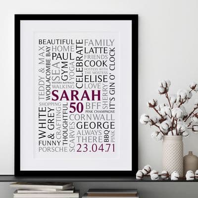 Personalised 50th Birthday Word Art Portrait Print