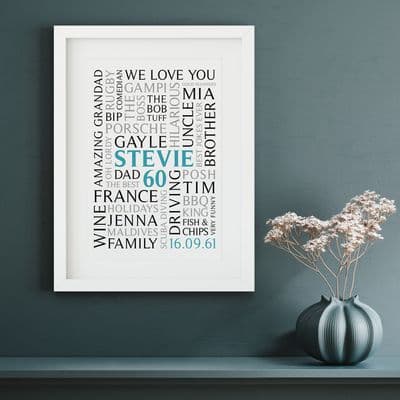 Personalised 60th Birthday Word Art Portrait Print