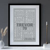 Personalised 70th Birthday Word Art Portrait Print