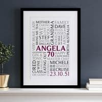 Personalised 70th Birthday Word Art Portrait Print