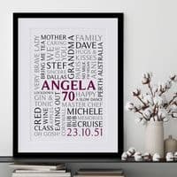 Personalised 70th Birthday Word Art Portrait Print