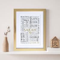 Personalised 70th Birthday Word Art Portrait Print