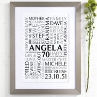 Personalised 70th Birthday Word Art Portrait Print
