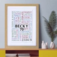 Personalised 70th Birthday Word Art Portrait Print