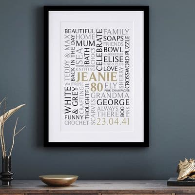 Personalised 80th Birthday Word Art Portrait Print
