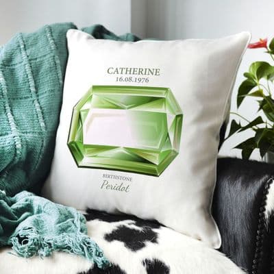 Personalised August Peridot Birthstone Cushion