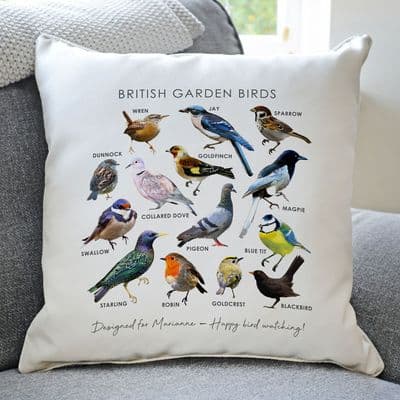 Personalised British Garden Birds Cream Cushion