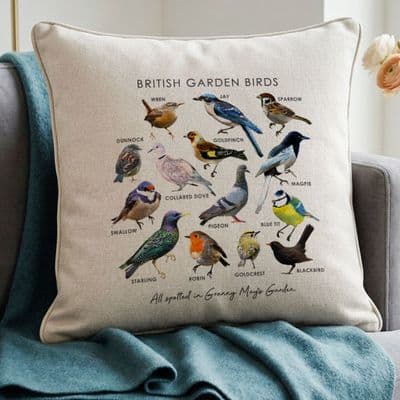 Personalised British Garden Birds Cream Cushion