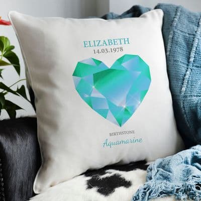 Personalised March Aqua Marine Birthstone Cushion