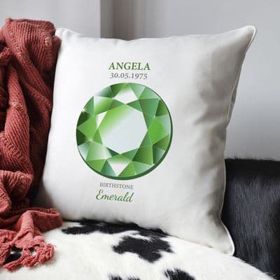 Personalised May Emerald Birthstone Cushion