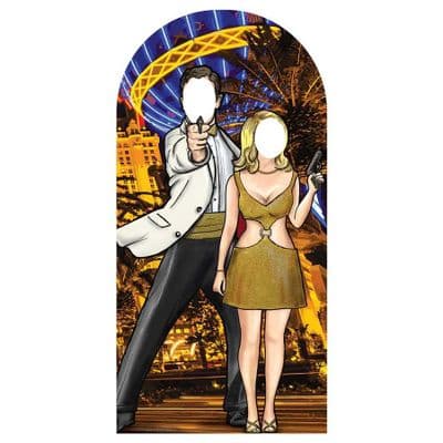SECRET AGENT BY SWIMMING POOL STAND IN LIFE SIZE CARDBOARD CUT OUT