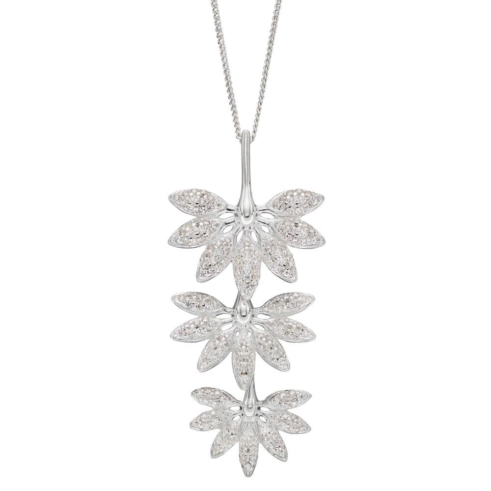 Ad Astra Triple Horsetail Plant Fossil Drop Pendant with Pave Cubic Zirconia - Sterling Silver