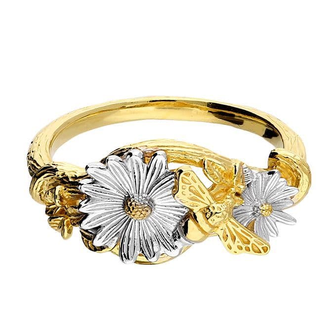 Ad Astra Two Tone Daisy & Bee Ring - Gold Plated Sterling Silver