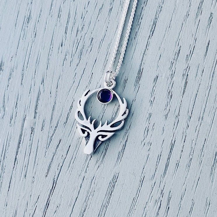 Celina Rupp Highland Stag Pendant & Chain (Medium) with Amethyst - Sterling Silver