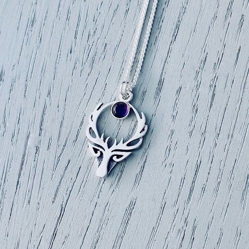 Celina Rupp Highland Stag Pendant & Chain (Medium) with Amethyst - Sterling Silver