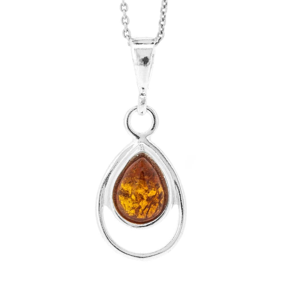 Nova Silver Amber Tear Shaped Pendant & Chain - Sterling Silver