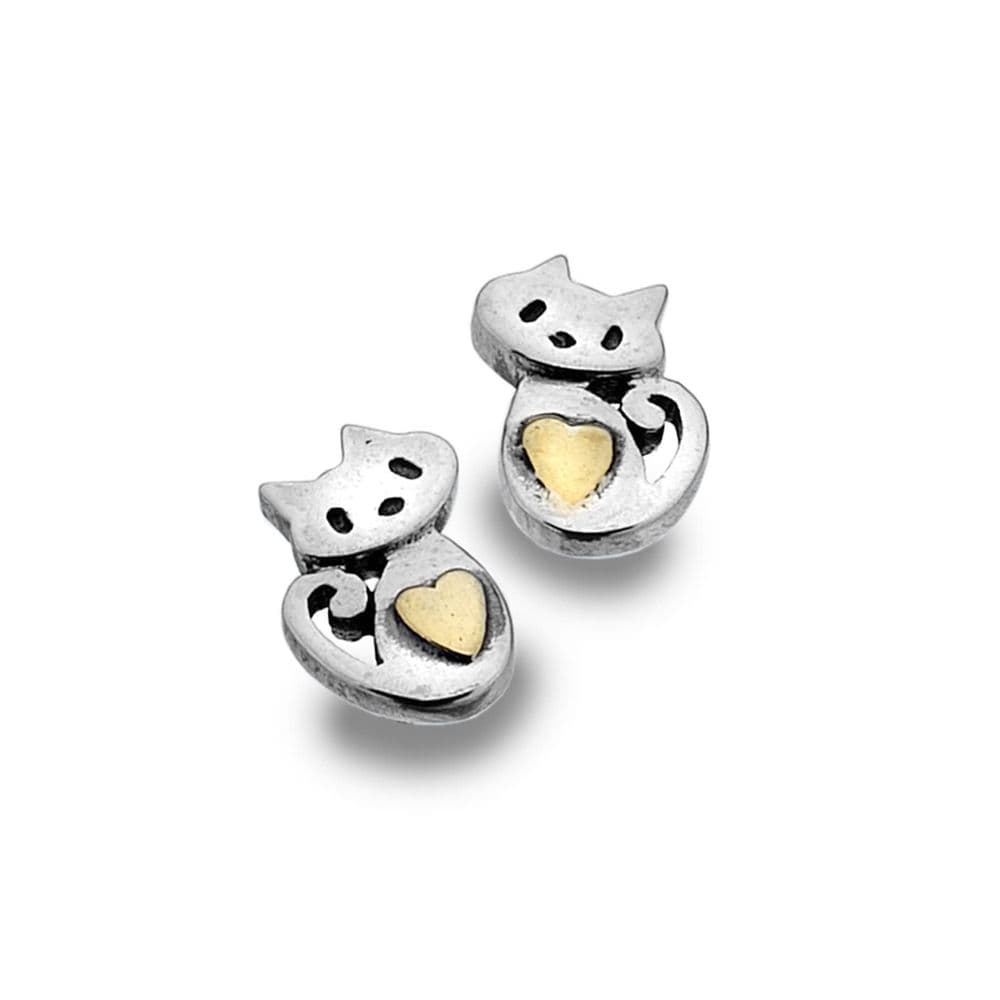 Sea Gems Origins Cute Kitten Cat Stud Earrings - Sterling Silver / Brass Heart