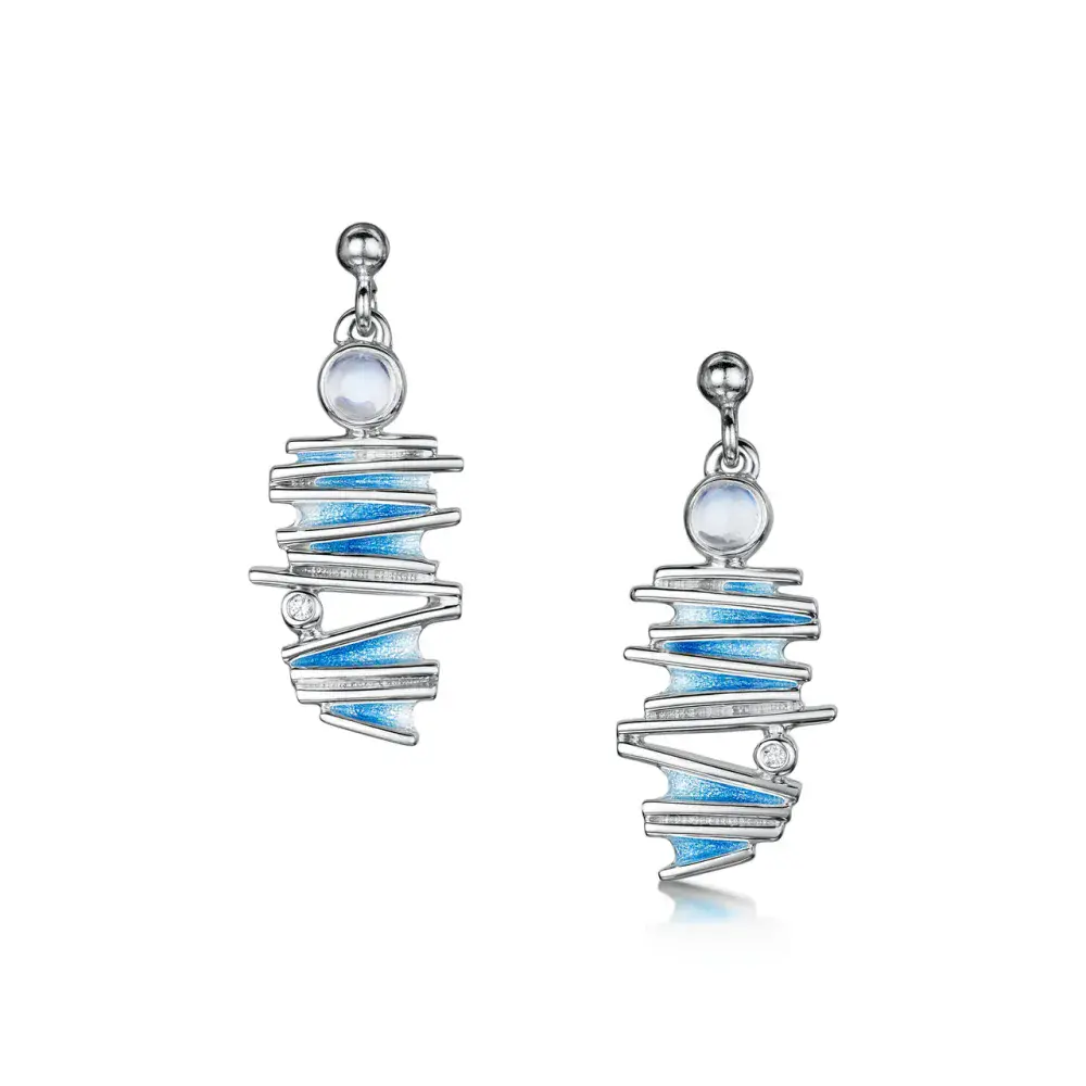 Sheila Fleet Moonlight Slim Enamel Earrings with Moonstone & CZ - Sterling Silver
