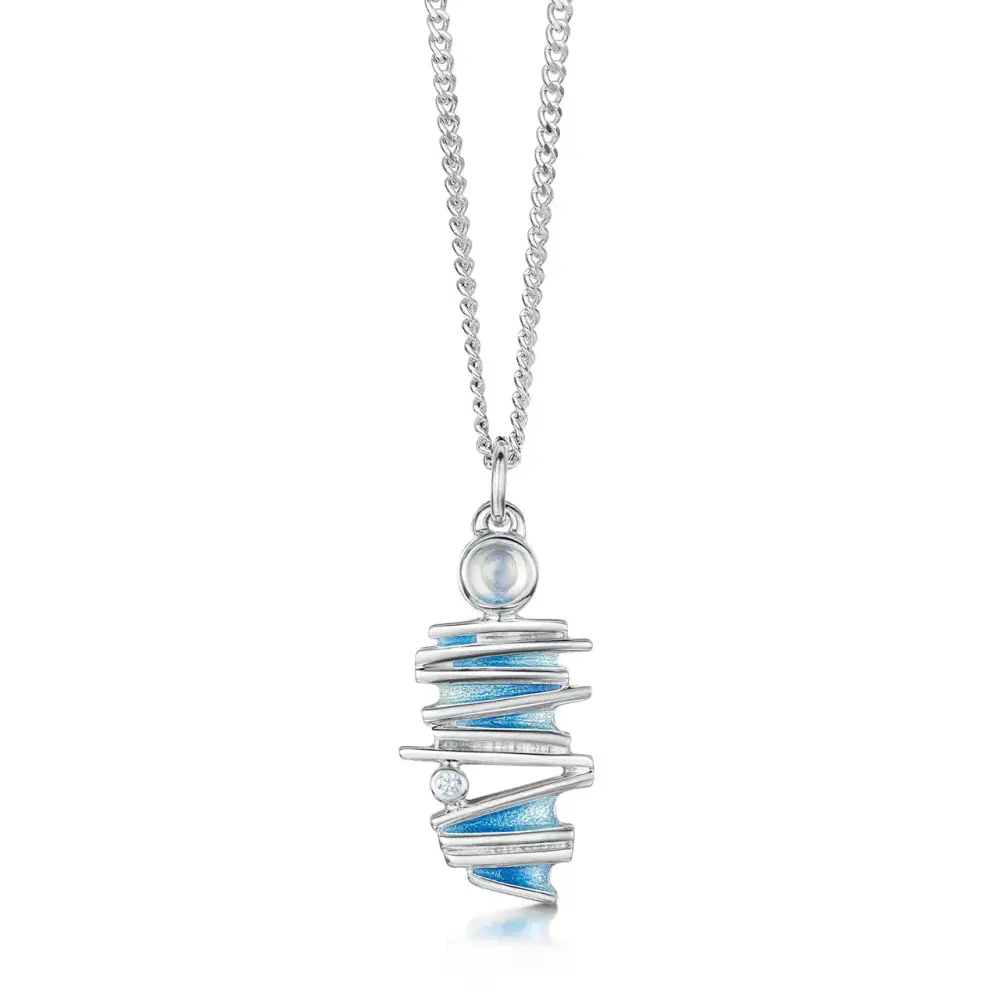 Sheila Fleet Moonlight Slim Enamel Pendant & Chain with Moonstone & CZ - Sterling Silver