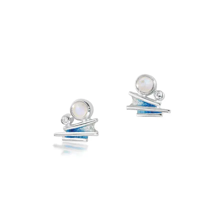 Sheila Fleet Moonlight Small Enamel Stud Earrings with Moonstone & CZ - Sterling Silver