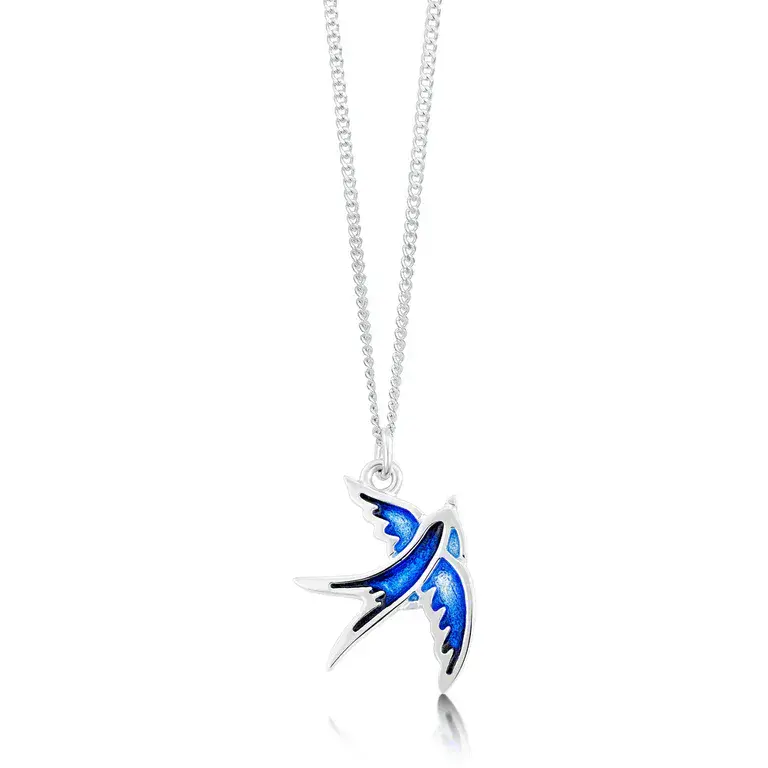 Sheila Fleet Small Swallows Pendant & Chain in Sapphire Blue Enamel - Sterling Silver