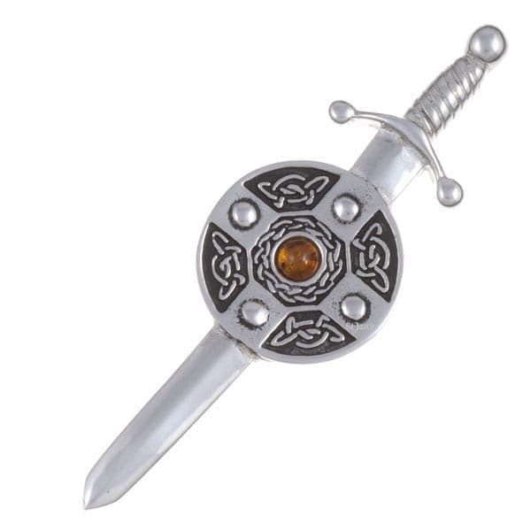St Justin Sword & shield kilt pin with amber gemstone