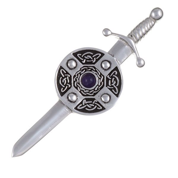 St Justin Sword & shield kilt pin with amber gemstone