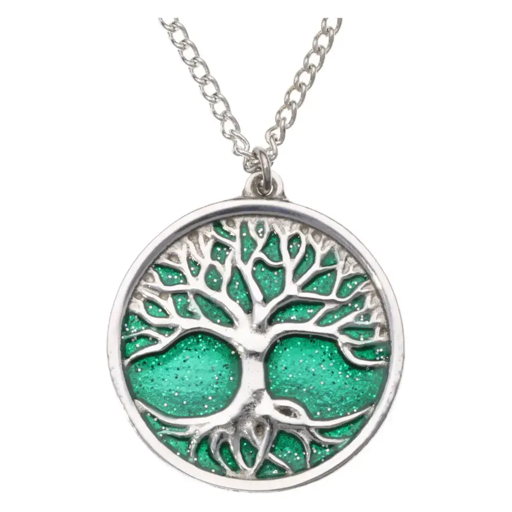 St Justin Tree of Life Pendant & Chain with Green Glitter Enamel